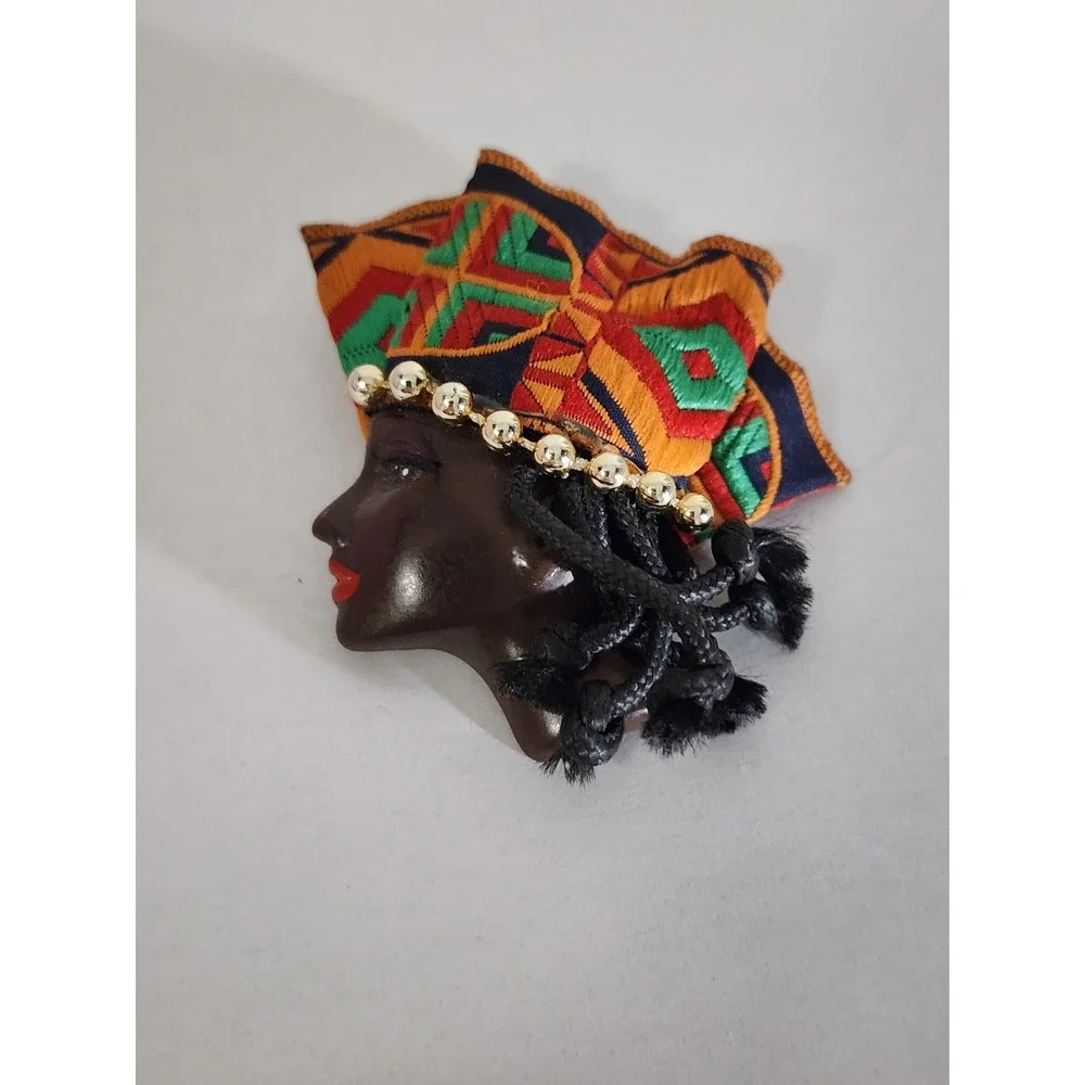Vintage F. Jaretta Jewelry African Queen Brooch Fabric Headwrap Gold Tone Pin